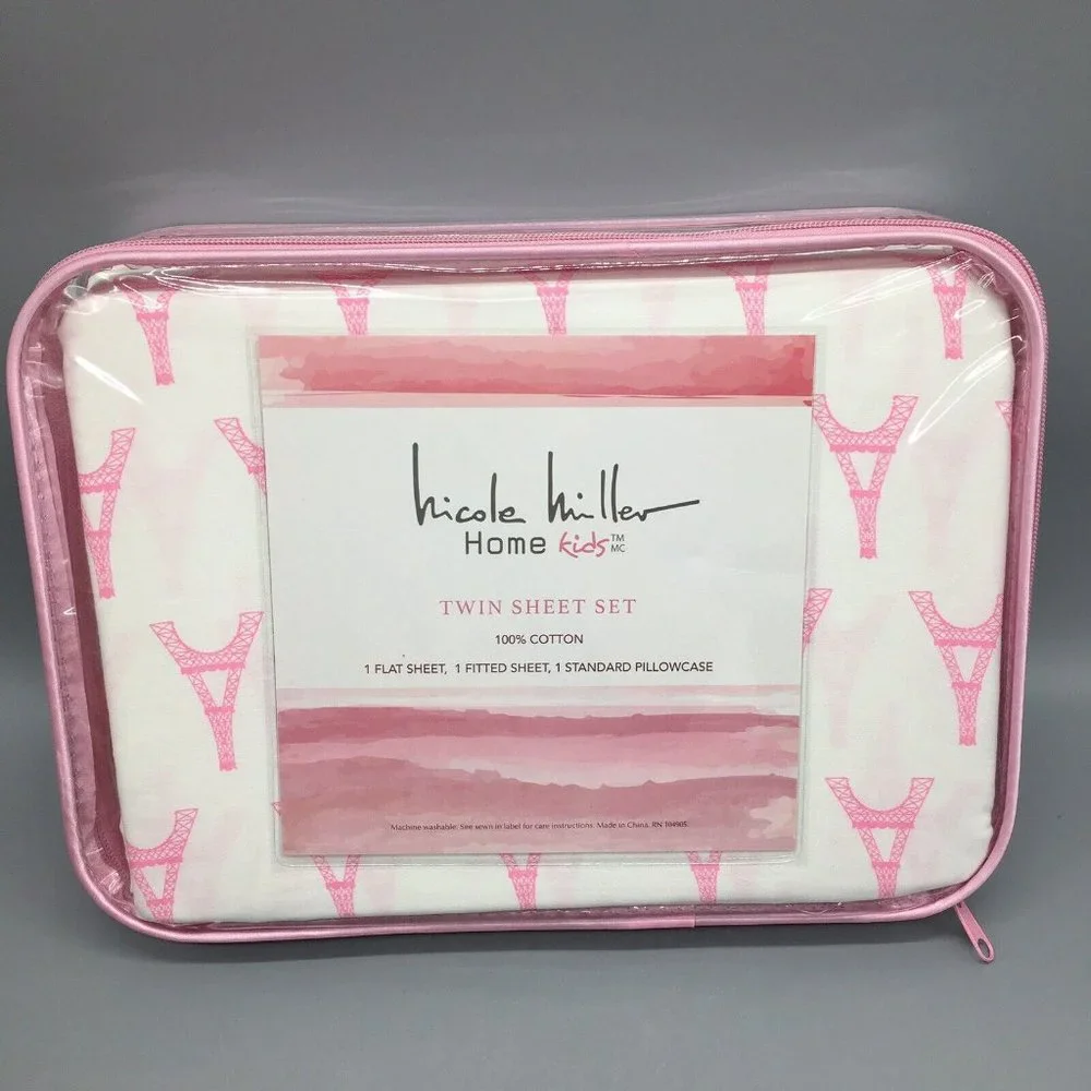 3pc Nicole Miller Paris Eiffel Tower TWIN Sheet Set Hot Pink White Kids Cotton